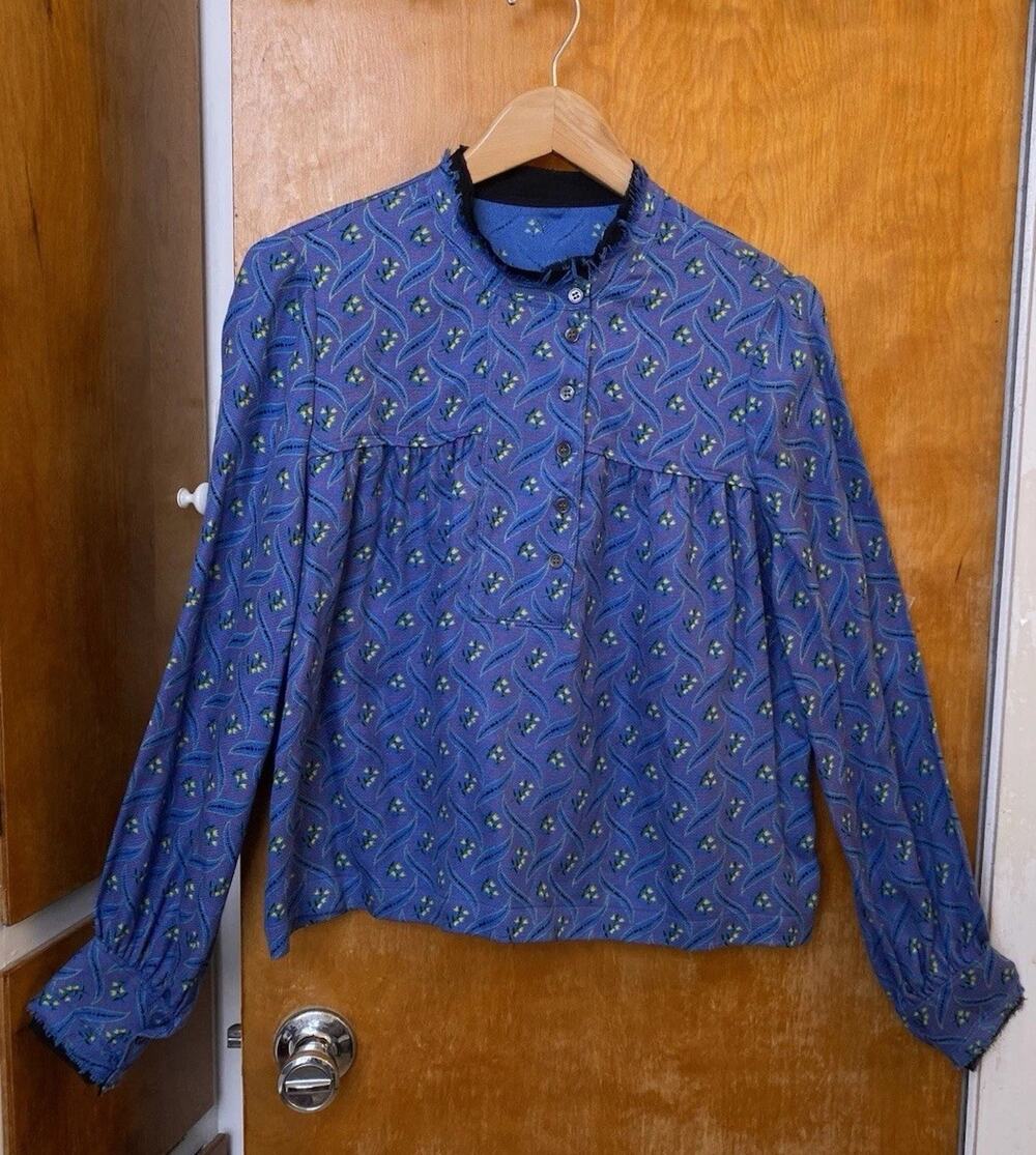 Raquel Allegra Silk Blend Velvet Raw Edge Peasant Top Blue Art Deco Floral Sz 1